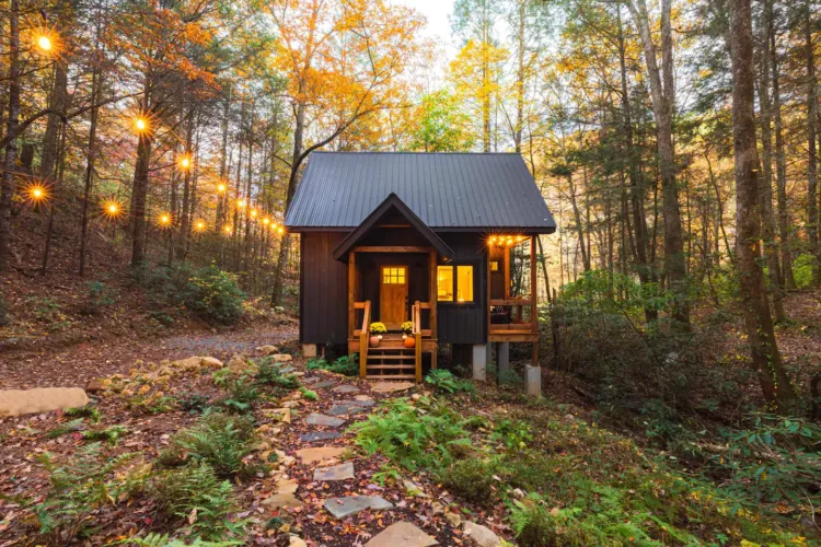 The Retreat at Fall Branch Falls, a dark-toned tiny cabin in Cherry Log, Georgia, illuminated by string lights in a lush, autumnal forest.
