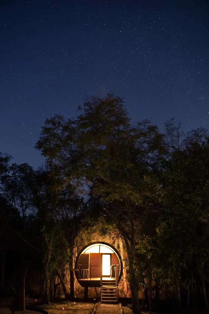 Enchanted Barrel House in Fredericksburg lit under a starry night sky