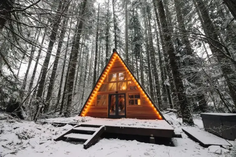 Tye Haus A-frame cabin rental outlined with string lights in snowy Washington forest near Stevens Pass