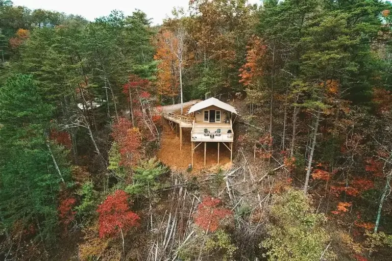 Elevated luxury glamping tent rental with deck overlooking autumn forest near Smoky Mountains in Townsend, Tennessee