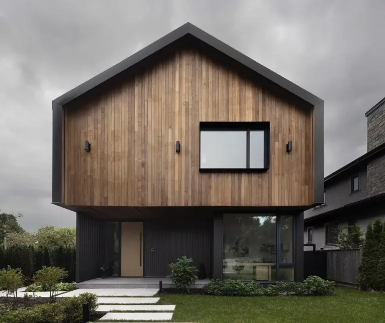 Modern Scandinavian house exterior with a prominent wooden facade and dark accents, featuring large windows.