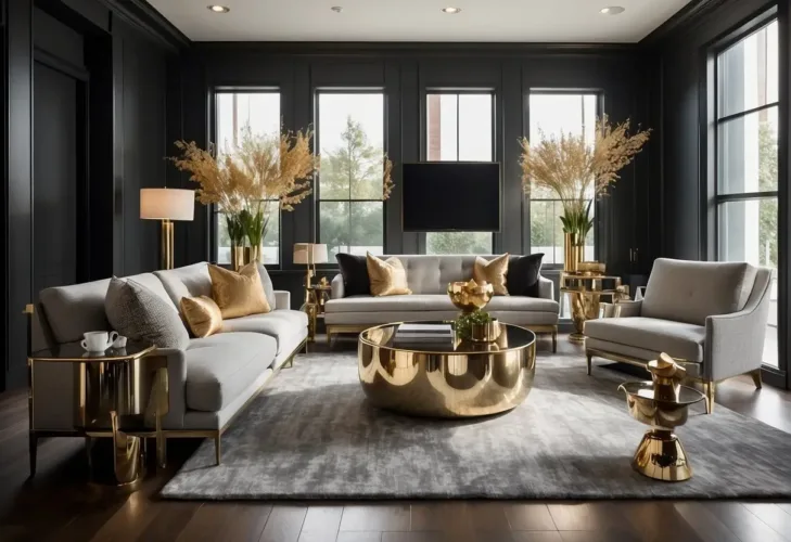 A modern living room with sleek metallic accents, such as a brass coffee table and chrome light fixtures. The space is adorned with elegant metallic details, creating a sophisticated and luxurious atmosphere

2024 Interior Design Trends You Can Actually Afford: Fashionable yet Low-cost