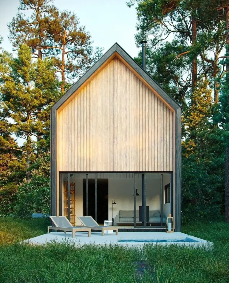 Cozy tiny house exterior with a steep gabled roof and warm wood siding, perfect for an Alpine setting.