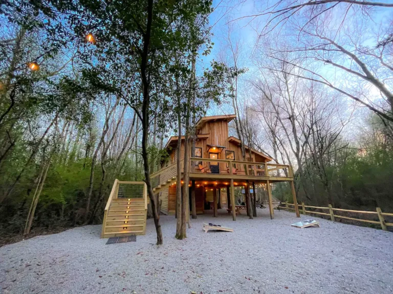 Spacious wooden Enchanting Treehouse rental in Marion South Carolina, with a large deck, cornhole games, overlooking Catfish Creek at dusk.