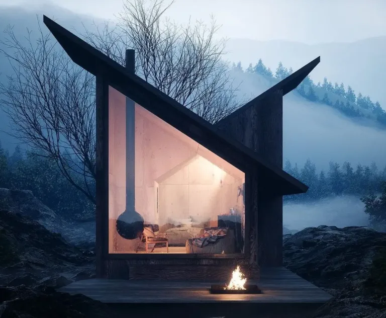 The Mountain Refuge cabin with its iconic pitched roof, full-height glass wall, and hanging fireplace, exemplifying cozy hygge in a modern Scandinavian design.