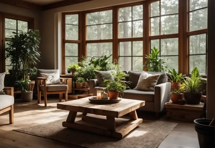 A cozy living room with large windows, potted plants, and natural light streaming in. A rustic wooden table is surrounded by modern chairs, blending indoor and outdoor elements

2024 Interior Design Trends You Can Actually Afford: Fashionable yet Low-cost