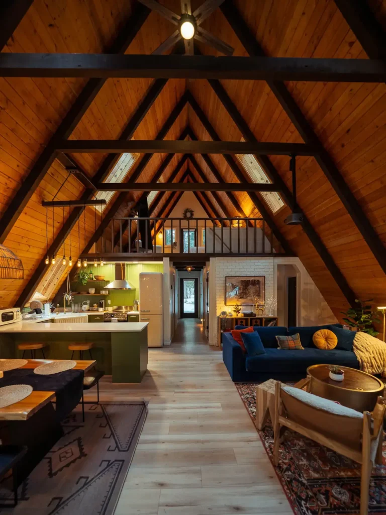 Expansive A-frame interior with a very high wood-paneled ceiling, an open layout showing a kitchen with green cabinets, a dining area, a living area with a blue sofa, and a loft.