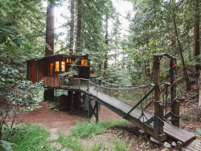 Rustic Redwood Treehouse cabin rental in Watsonville California, accessed by a suspension bridge among towering redwood trees.