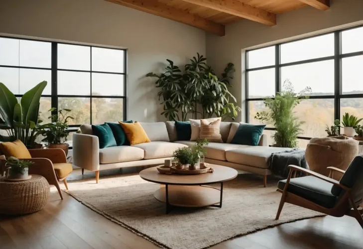 A modern living room with sleek furniture, earthy tones, and pops of bold color. Natural light floods the space, highlighting the use of sustainable materials and indoor plants

2024 Interior Design Trends You Can Actually Afford: Fashionable yet Low-cost