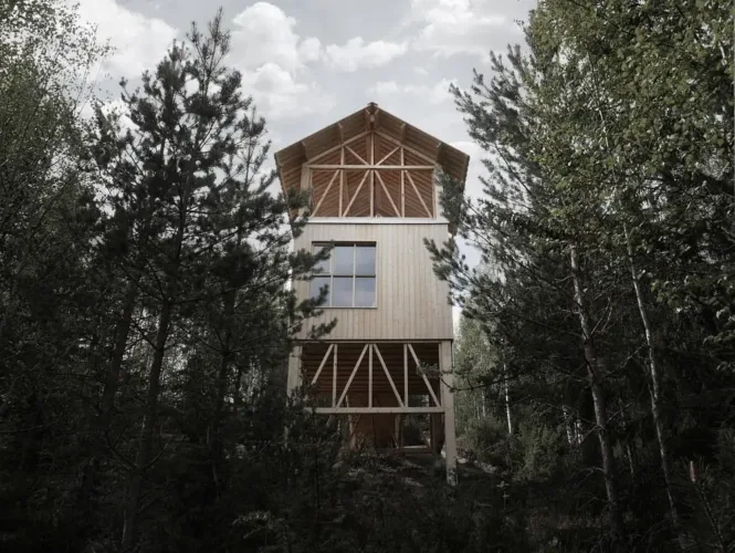 Tall, slender wooden loft house nestled among trees, designed for nature observation with open views.