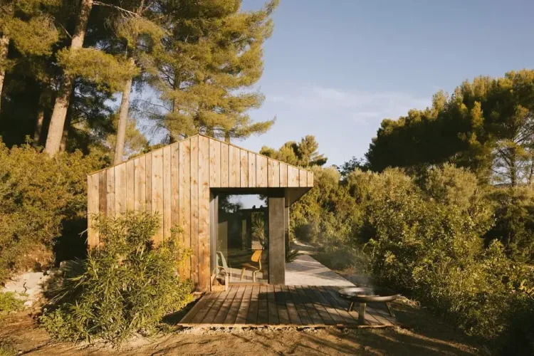 Modern minimalist cabin exterior in a forest, showcasing natural wood cladding and large glass doors.