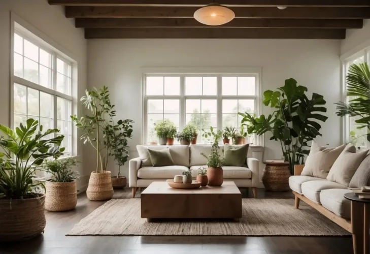 A cozy living room with earthy tones, natural textures, and minimalist furniture. Large windows let in natural light, and potted plants add a touch of greenery. A woven rug and throw pillows provide a warm and inviting atmosphere

2024 Interior Design Trends You Can Actually Afford: Fashionable yet Low-cost