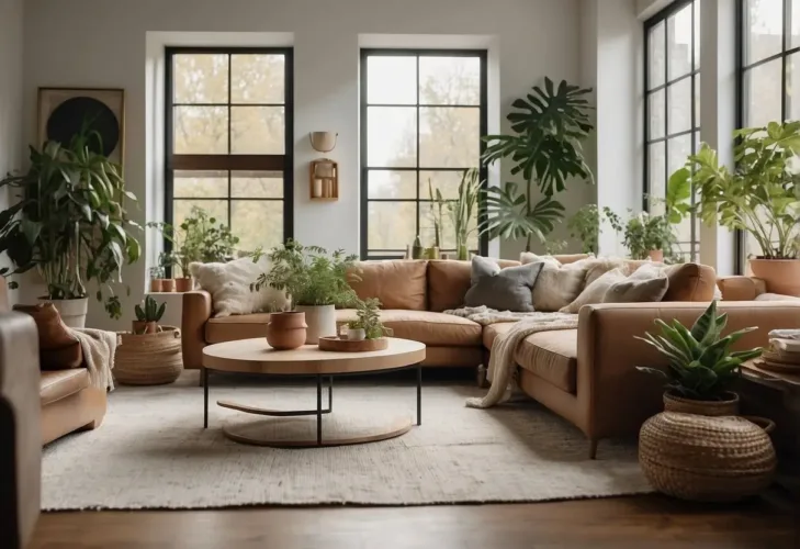 A cozy living room with earthy tones, natural materials, and minimalist furniture. A large window lets in natural light, showcasing indoor plants and textured textiles

2024 Interior Design Trends You Can Actually Afford: Fashionable yet Low-cost