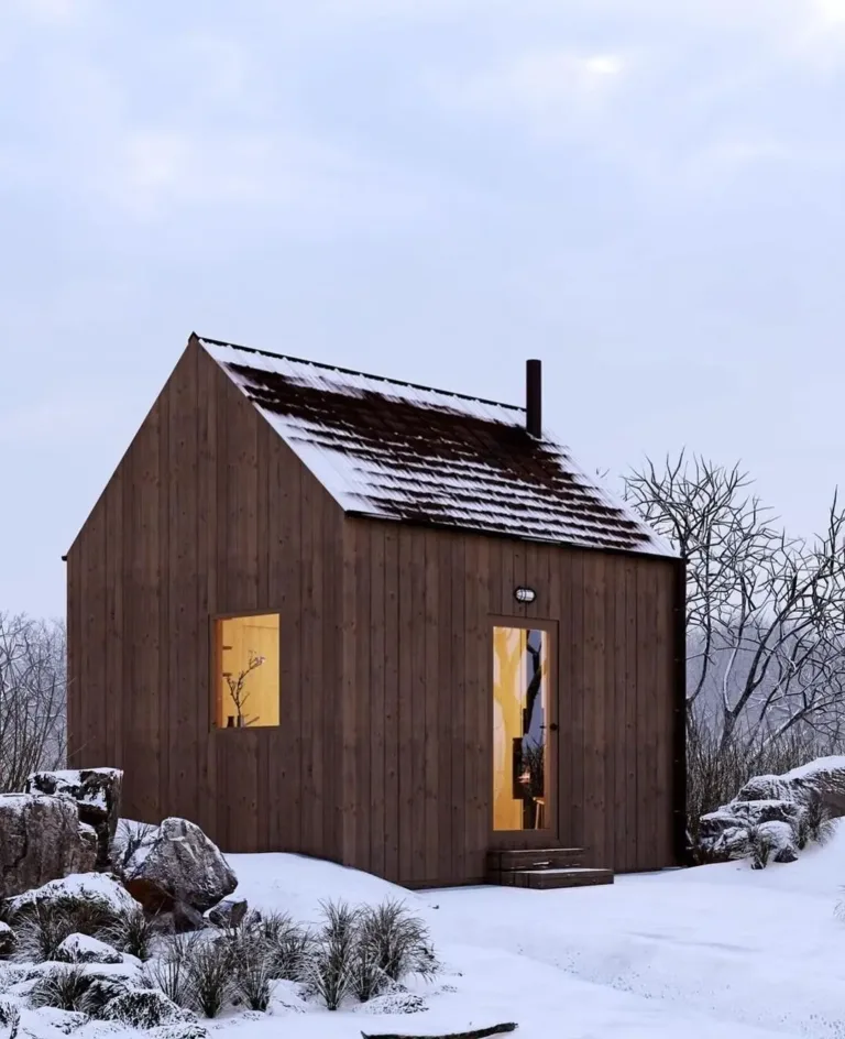 Simple and inviting tiny house exterior with a timeless Scandinavian design, featuring clean lines and natural cladding.