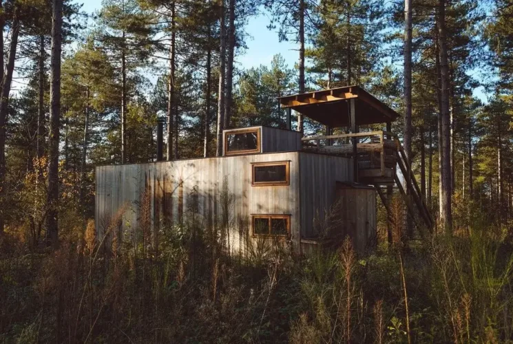 Rustic Nutchel Cabins in Belgium, simple wooden structures in a pine forest, promoting a Scandinavian ethos of simple living and nature connection.