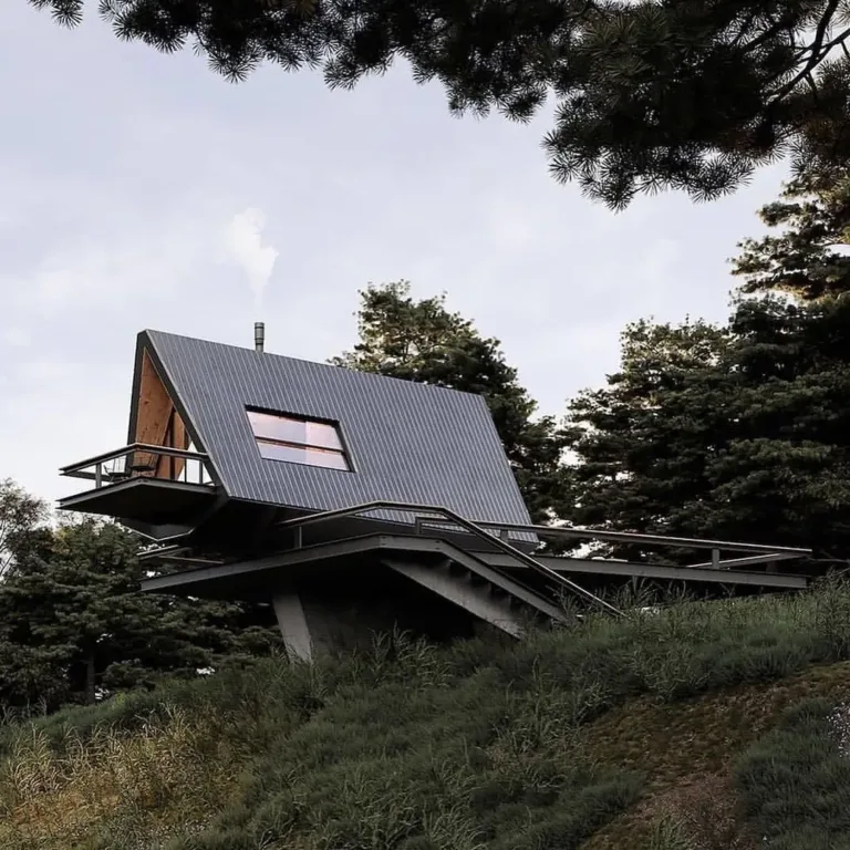 Modern A-frame Deylaman Cabin in Iran, an example of minimalist small-scale architecture with efficient use of space and nature views.