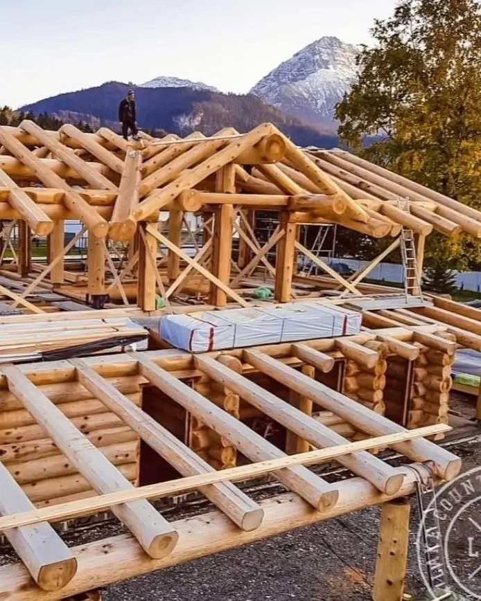 A handcrafted log home under construction with a complex timber roof structure set against a mountain backdrop.