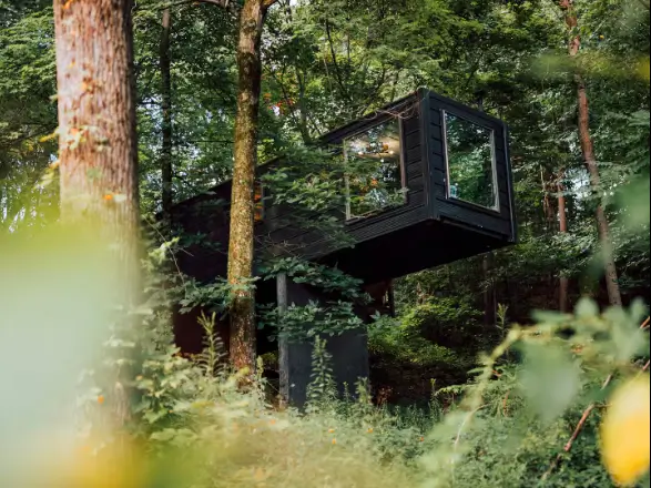 The Box Treehouse design in Dundee, OH, a dark, modern shipping container home cantilevered amongst lush green trees, offering an immersive forest experience.