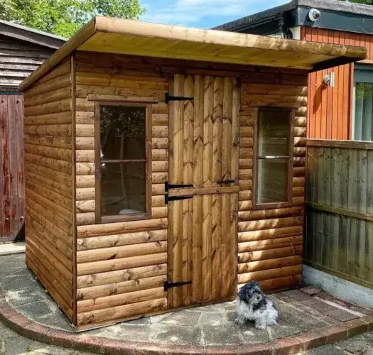A modern shed log cabin with a unique angled front design resting on a simple concrete block foundation in a backyard.