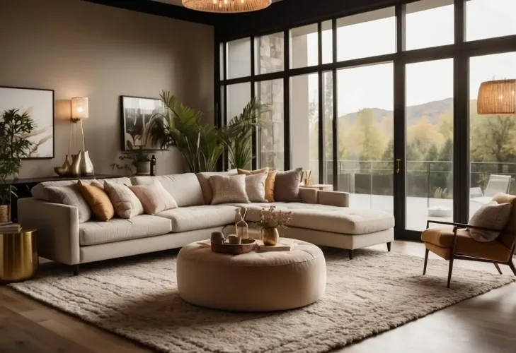 A modern living room with sleek furniture, warm neutral tones, and pops of metallic accents. A statement light fixture hangs from the ceiling, illuminating the space. Textured rugs and plush throws add coziness

2024 Interior Design Trends You Can Actually Afford: Fashionable yet Low-cost