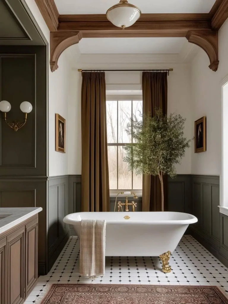 Elegant bathroom with deep green wainscoting, a freestanding tub, and rich wood architectural details, embodying the sophisticated color and modern cottage trends for 2025 home decor.