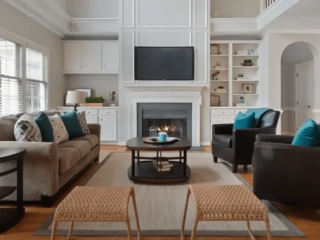 Example of best living room layouts: a traditional living room with sofa and armchairs focused on a fireplace with a TV mounted above, flanked by built-in shelving.