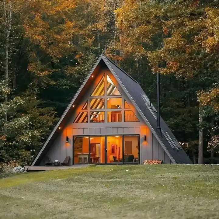 Stunning A-frame house illuminated at dusk, nestled in vibrant autumn woods, showcasing the idyllic dream of building an A-frame home.