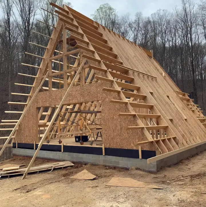 Wooden framing of an A-frame house under construction on its foundation, clearly showing the iconic triangular roof structure being built.