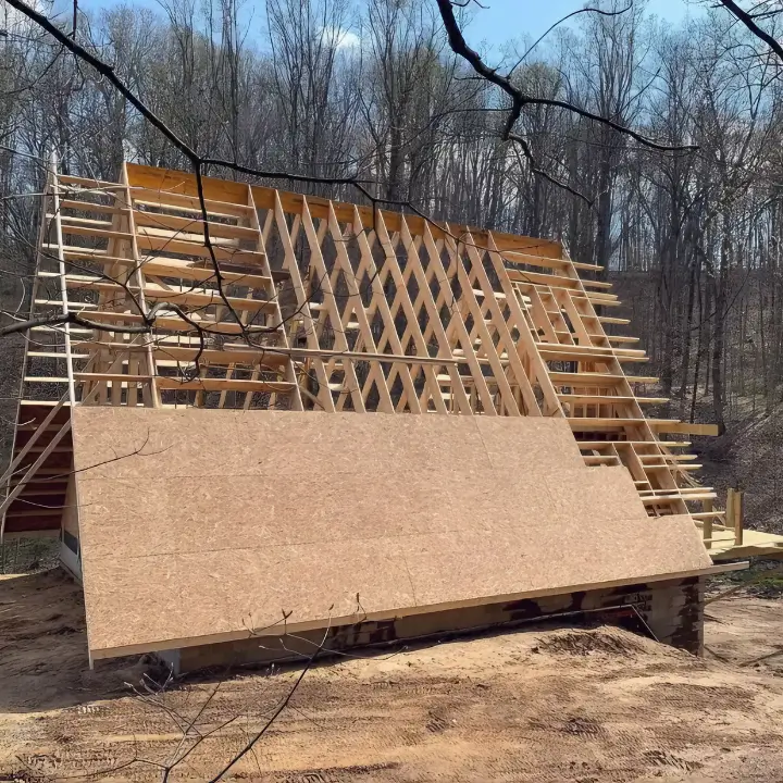 A-frame house roof under construction, with a large OSB sheathing panel being fitted onto the wooden rafters, part of building an A-frame structure.