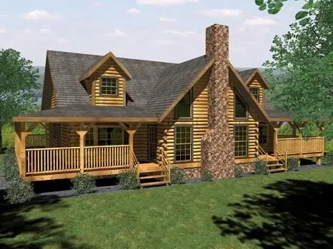 A large log cabin kit home from Honest Abe featuring a prominent stone chimney and a wraparound porch.