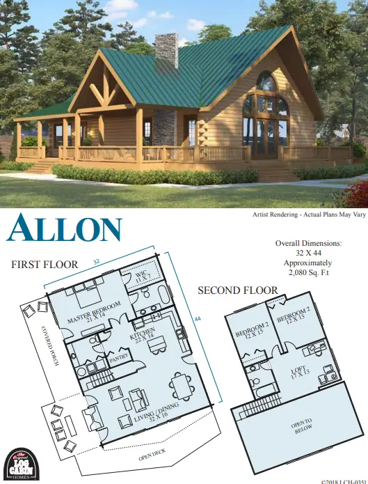 Artist rendering and floor plan for the Allon log cabin kit from Log Cabin Homes.
