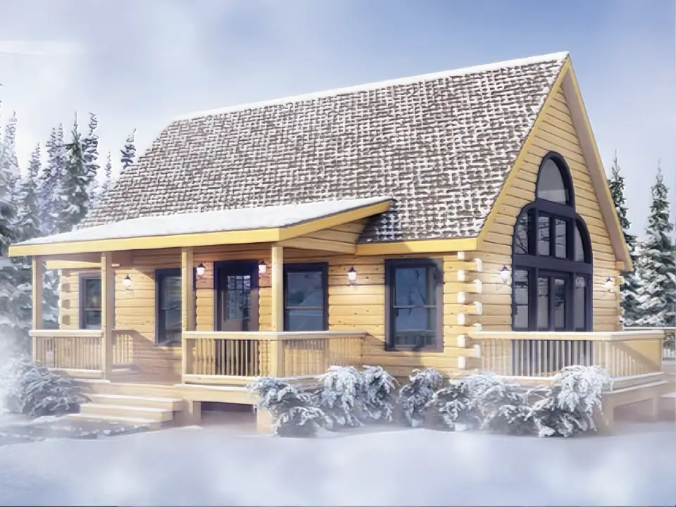 A beautiful two-story log cabin kit home with a covered porch, set in a snowy forest.