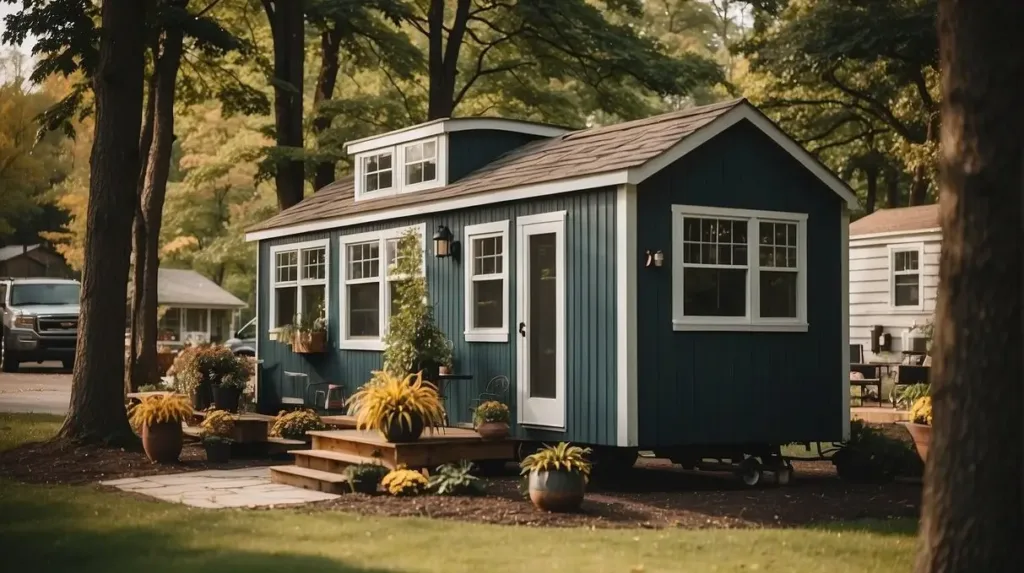 A tiny house community in Ohio with several small houses on landscaped lots with a gravel road in the foreground.