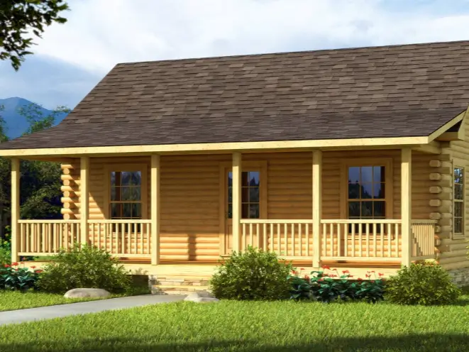 A classic single-story log cabin kit from Southland Log Homes with a long covered front porch.