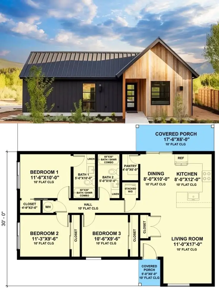 A modern small farmhouse with a 3-bedroom floor plan designed for a flexible home office or guest room.