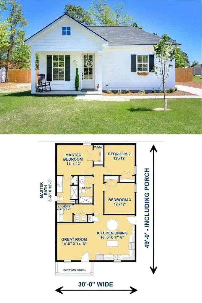 A white, single-story 3-bedroom small house with a covered front porch and an open-concept floor plan.
