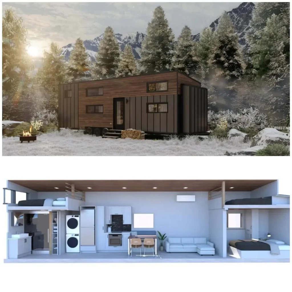 A modern 3-bedroom tiny home on wheels featuring a cross-section floor plan with two sleeping lofts.