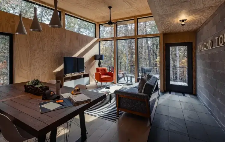 Interior living space of the Plahaus Cabin, showing the open-concept design with plywood walls, modern furniture, and large windows with a forest view.
