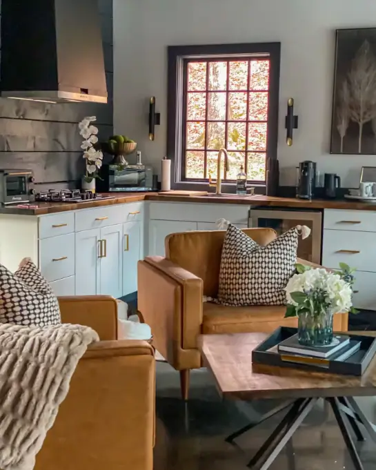 The stylish and efficient kitchenette and cozy lounge area inside the Birch Falls Spa Cabin, highlighting its modern cabin design.