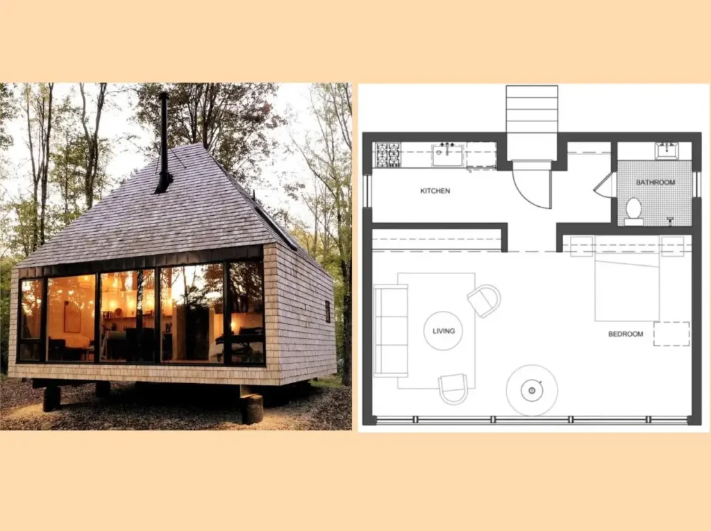 A composite image showing the exterior of a modern 600 sq ft tiny house in the forest, displayed next to its open-concept one-bedroom floor plan.