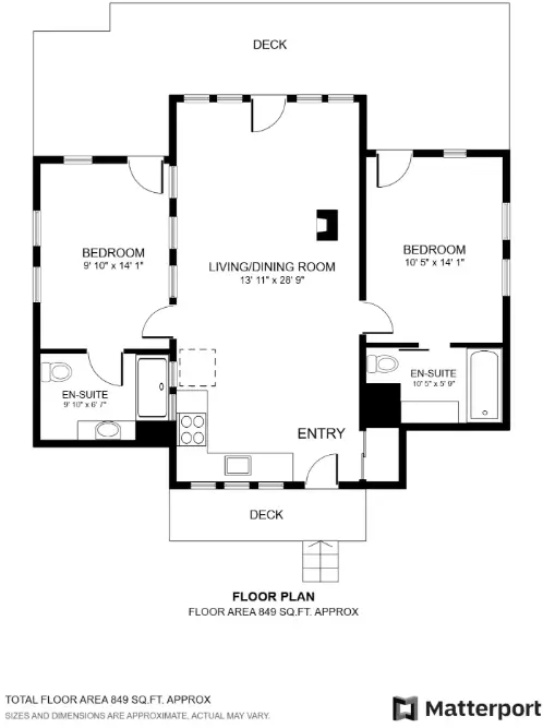 The detailed floor plan for the 849 sq ft Trahlyta cabin, showing a two-bedroom, two-bathroom layout.