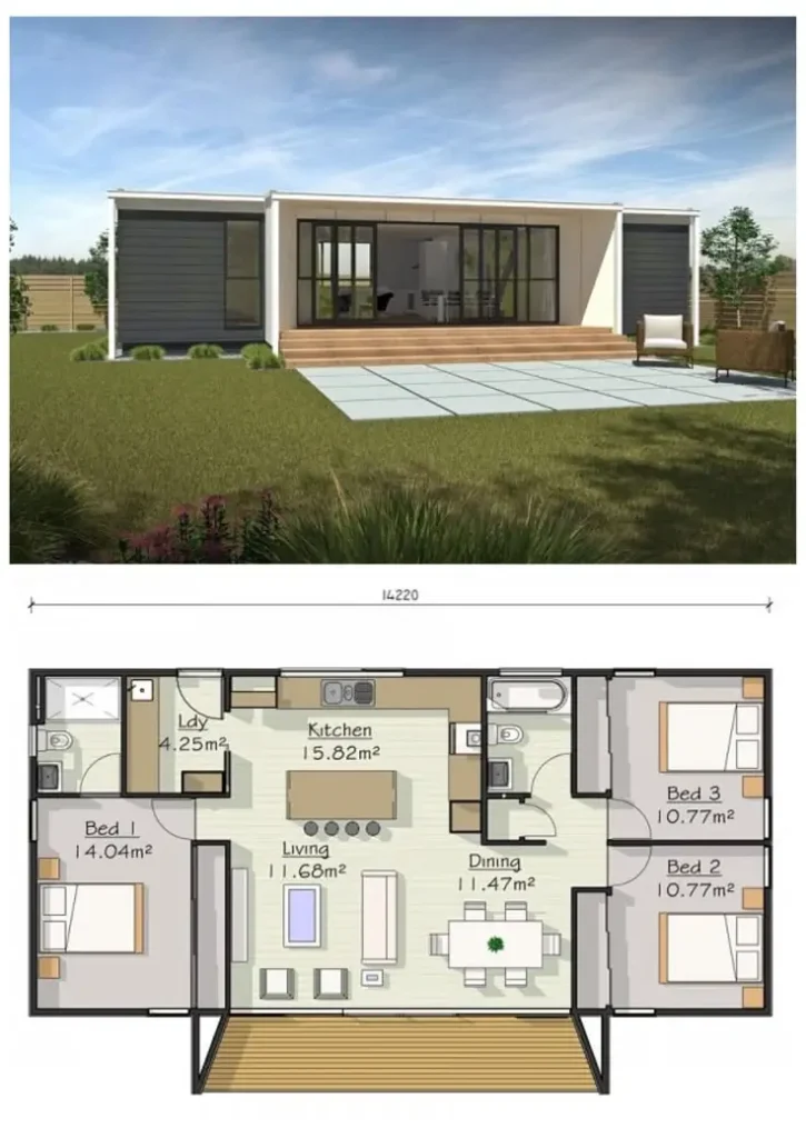 A modern 3-bedroom modular home design with a split-bedroom floor plan for maximum privacy.