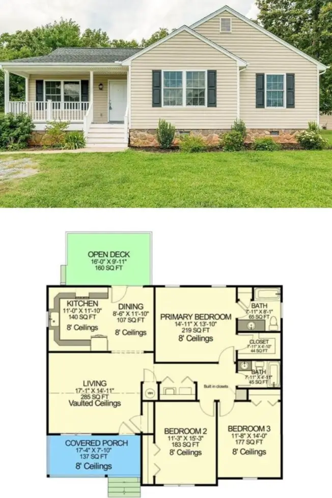 A traditional ranch-style 3-bedroom small house design with a primary ensuite and two additional bedrooms.