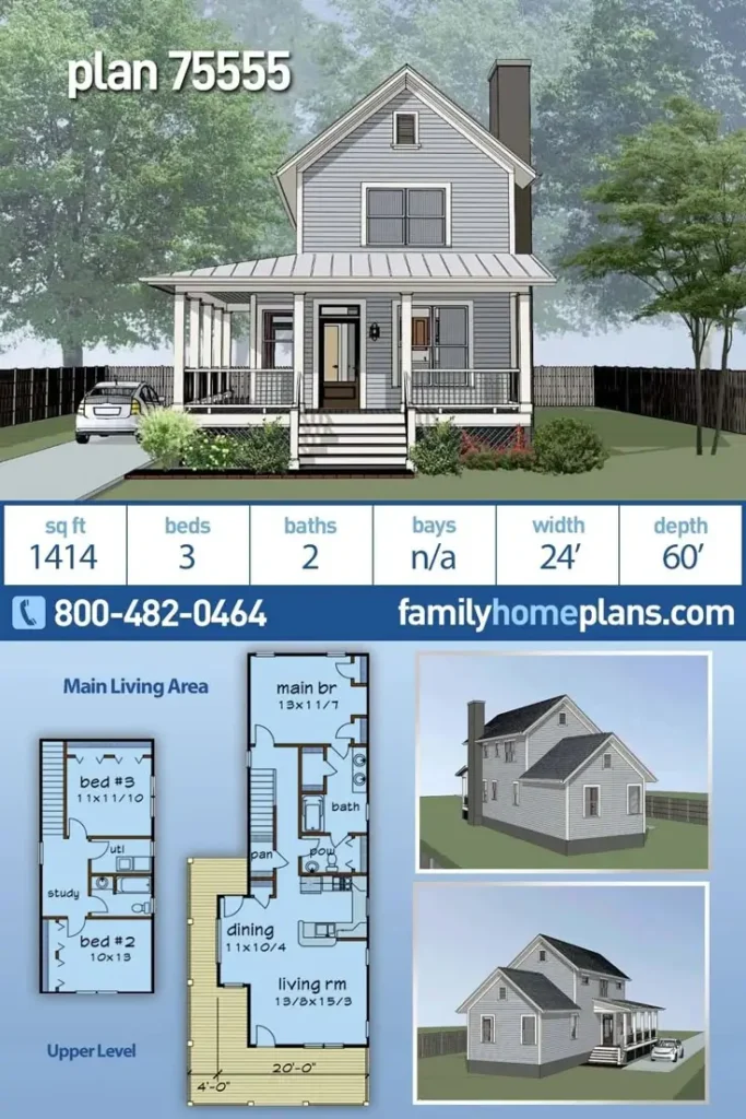A two-story traditional small house with a 3-bedroom floor plan featuring a ground-floor master bedroom.