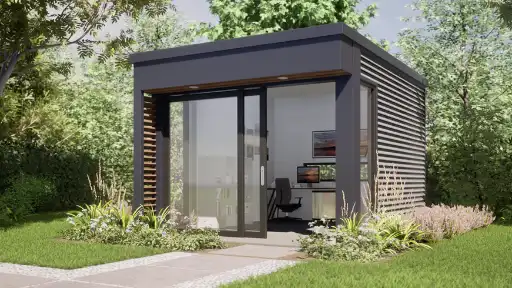 The Fontaine by Hydda Living, a dark modern office pod with wood accents, a stylish prefab studio for under 50k.