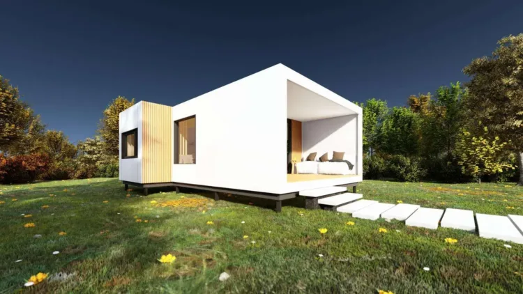 The EestiHouse M2.0, a white modern tiny home with a covered outdoor room, an architectural prefab home under 50k.