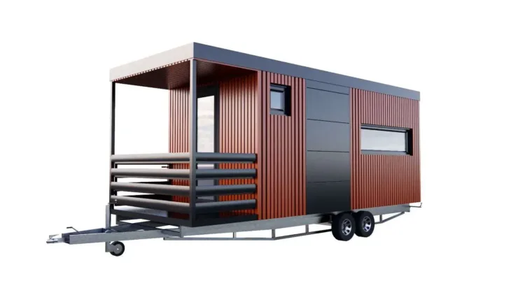 The Leona 16 Travel tiny home on wheels with an integrated covered porch, a prefab home for under 50k.