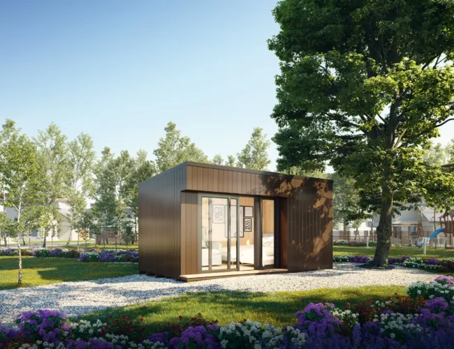 The Sixteen by Mini Office, a sleek dark brown backyard office pod, a modular office for under 50k.