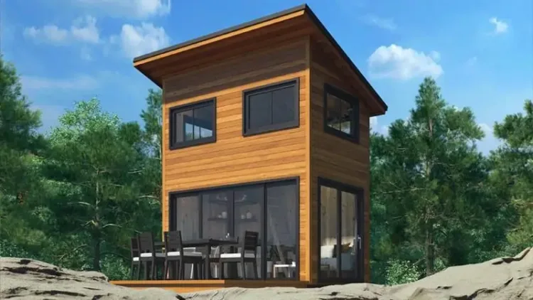 The Nomad by Summerwood, a two-story modern cabin with large windows, a stylish prefab home under 50k.