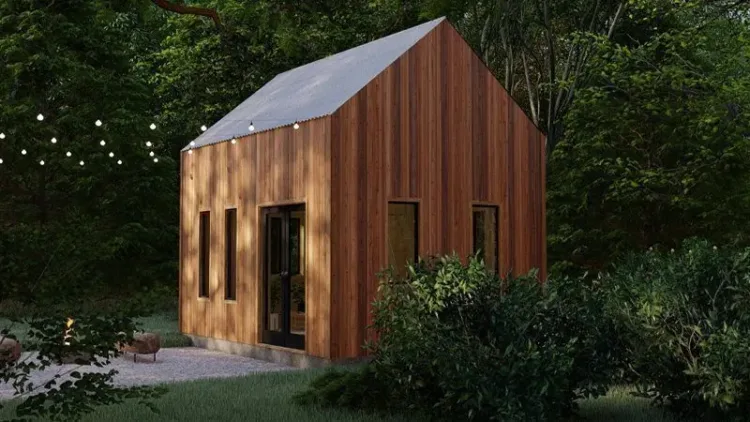 The Oban by Summerwood, a simple wood-clad studio with a gabled roof, a minimalist prefab cabin for under 50k.